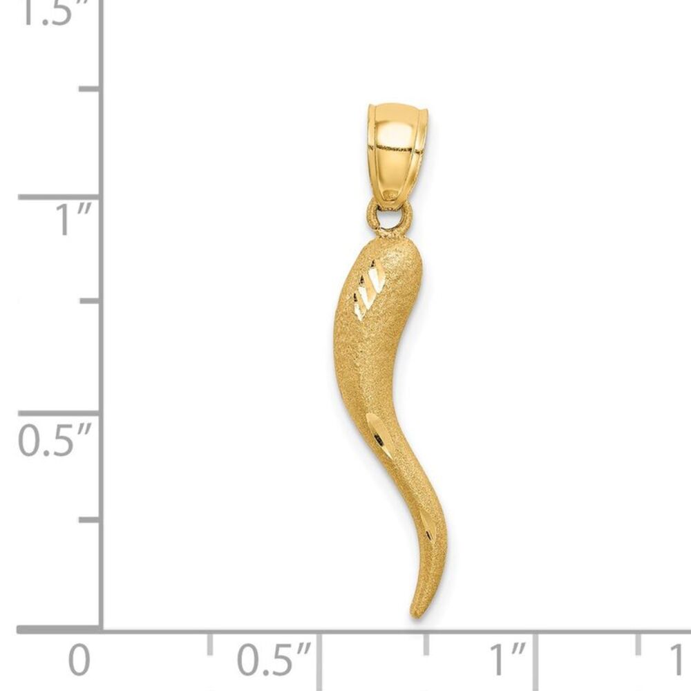 14k Yellow Gold Satin & Diamond Cut Italian Horn Pendant, 5 x 30mm - Picture 4 of 5